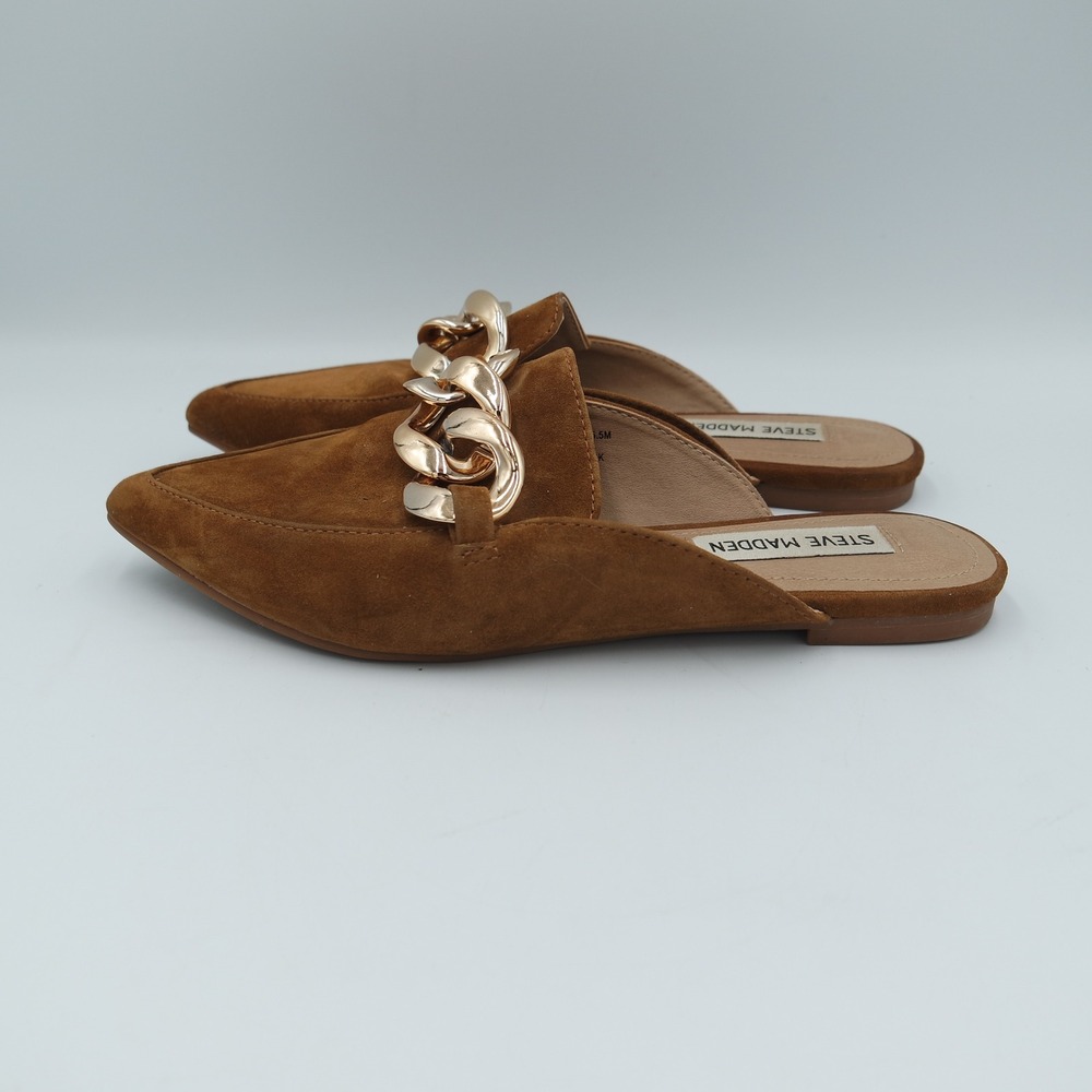 Steve Madden Finn Cognac Suede Pointed Toe Chain Mules Slides Womens Size 5.5